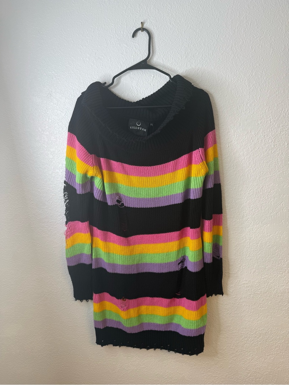 Killstar Good Vibes Knit Sweater Dress Rainbow Distressed Off Shoulder NWT XXL - Picture 2 of 13